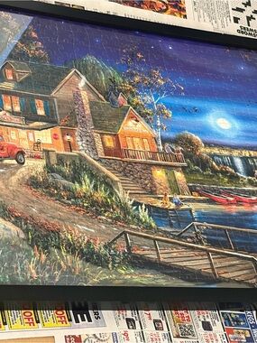 Framed Lakeside Cottage Wall Art - Night Scene